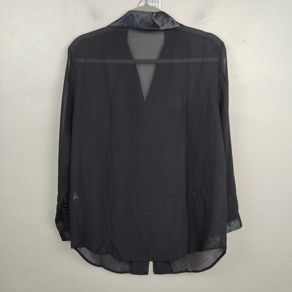 Local European Sheer Mesh Top Womens Black‎ Button Up Shirt  Satin Pockets - Picture 3 of 6